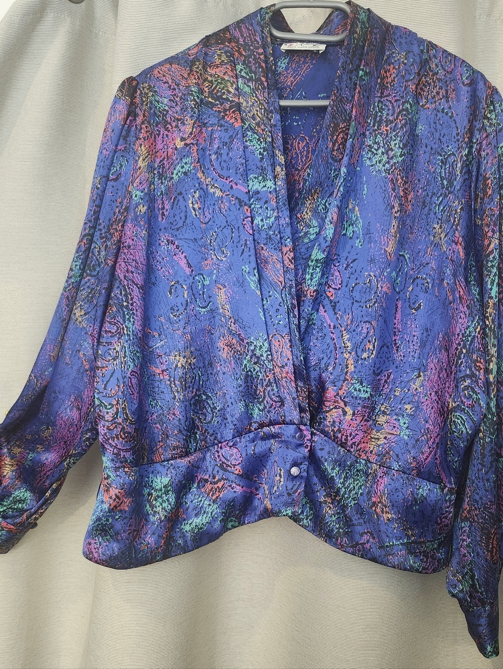Vintage Blouse In Vibrant Blue Abstract Print Satin Blouse